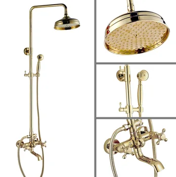 Luxury Polished Gold Color Brass Dual Cross Handles Levers Bathroom Round Rainfall Shower Faucet Set Bath Tub Mixer Tap mgf381
Luxury Polished Gold Color Brass Dual Cross Handles Levers Bathroom Round Rainfall Shower Faucet Set Bath Tub Mixer Tap mgf381