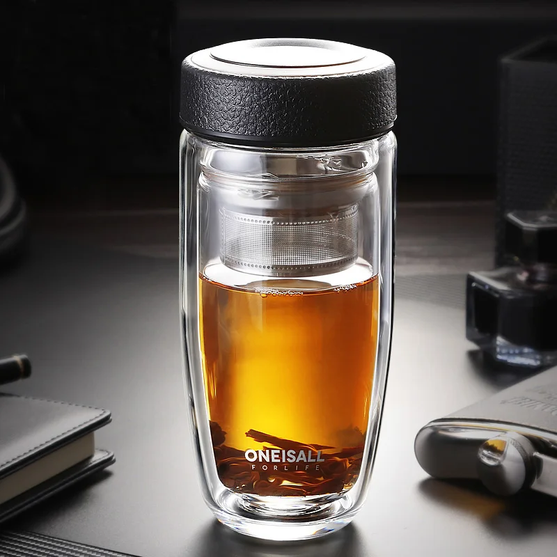380ML Double Wall Glass Water Bottle High End Thickness Borosilicate Glass Elegant Leakproof Bottle With Tea Infuser For Car
380ML Double Wall Glass Water Bottle High End Thickness Borosilicate Glass Elegant Leakproof Bottle With Tea Infuser For Car