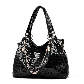 Artifical Leather Top Handle Bags Black Chains Women Shoulder Bags Big Capacity Sequined Tote Bags High Quality Pure Color 
Artifical Leather Top Handle Bags Black Chains Women Shoulder Bags Big Capacity Sequined Tote Bags High Quality Pure Color