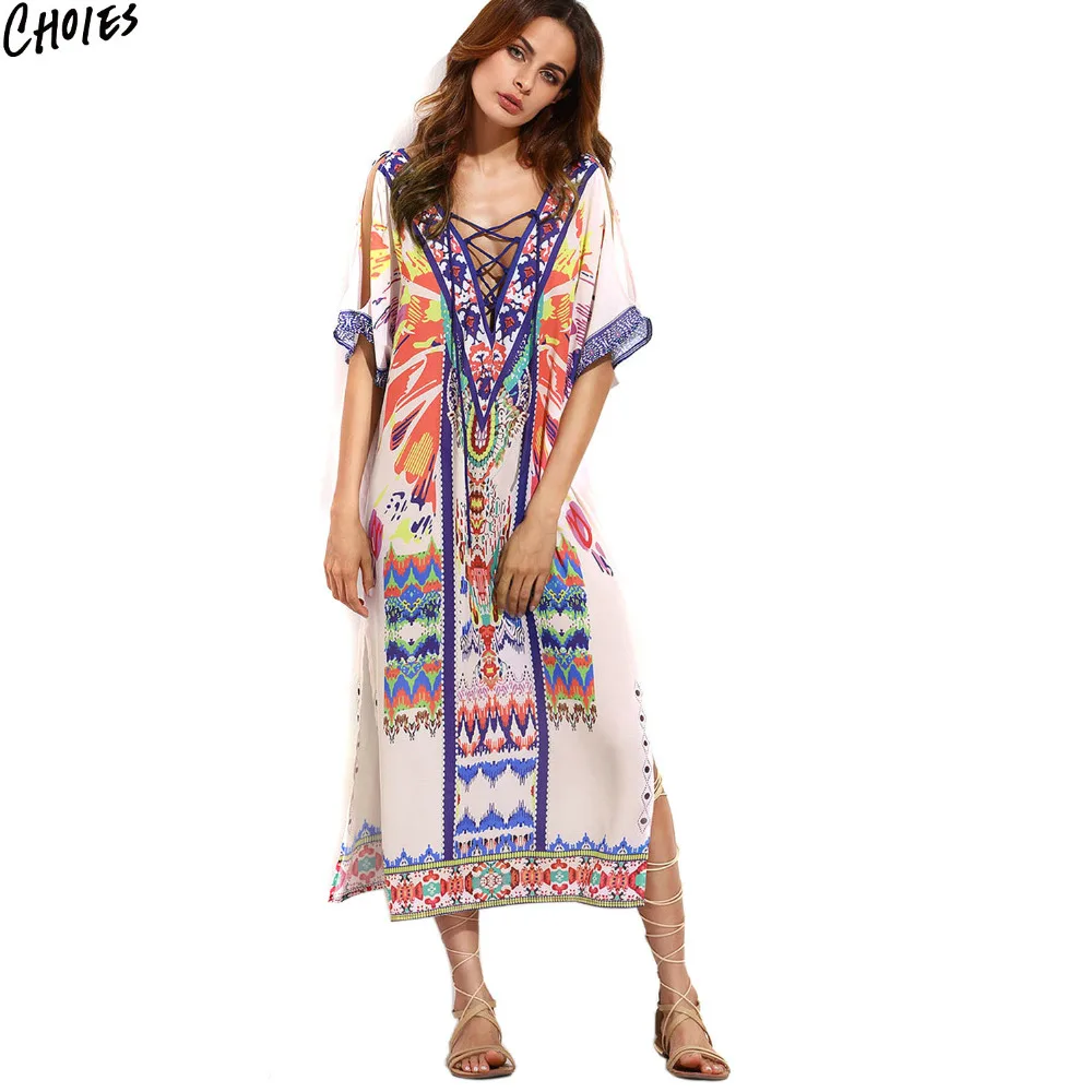 Multicolor Folk Tribal Print Lace Up Lattice Front Side Split Midi Beach Dress Women Half Sleeve V Neck Backless Boho Dresses
Multicolor Folk Tribal Print Lace Up Lattice Front Side Split Midi Beach Dress Women Half Sleeve V Neck Backless Boho Dresses