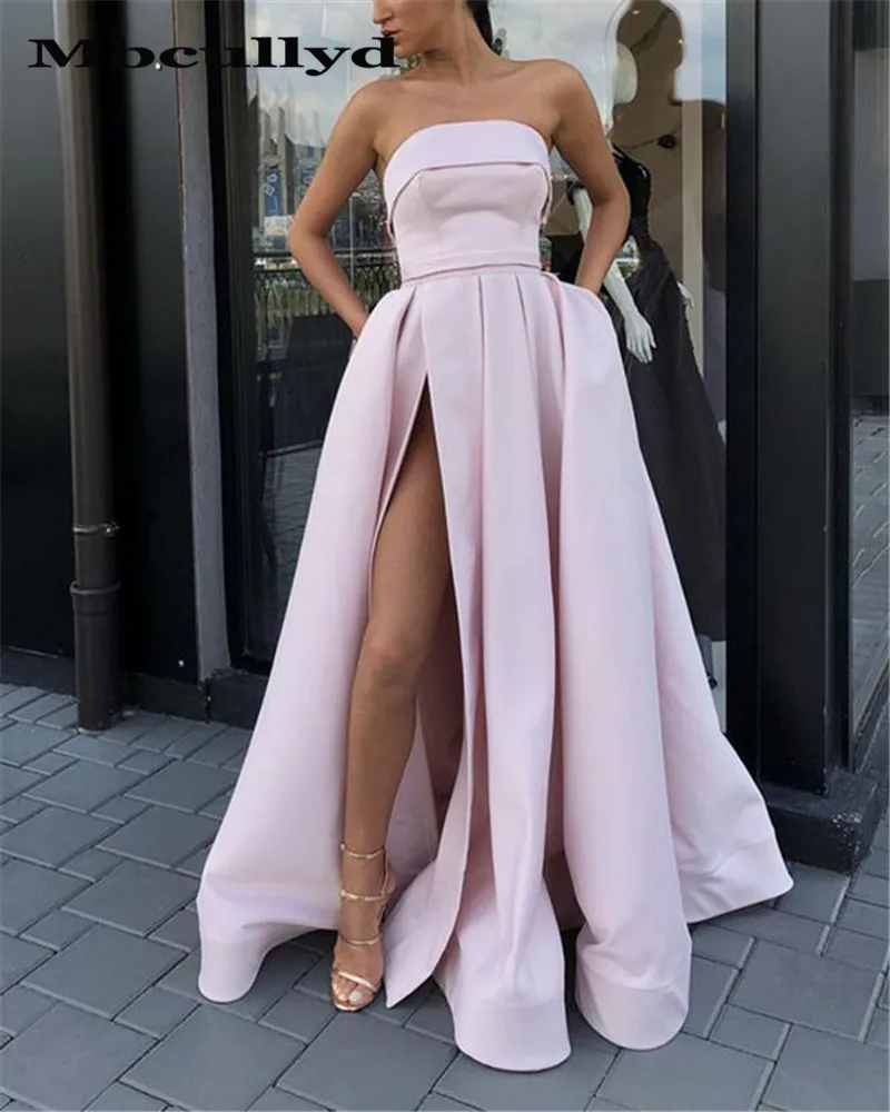 Mbcullyd Sleeveless A Line Prom Dresses 2020 With Pockets Long Split Evening Dress For Women Satin vestidos de fiesta noche | Свадьбы и