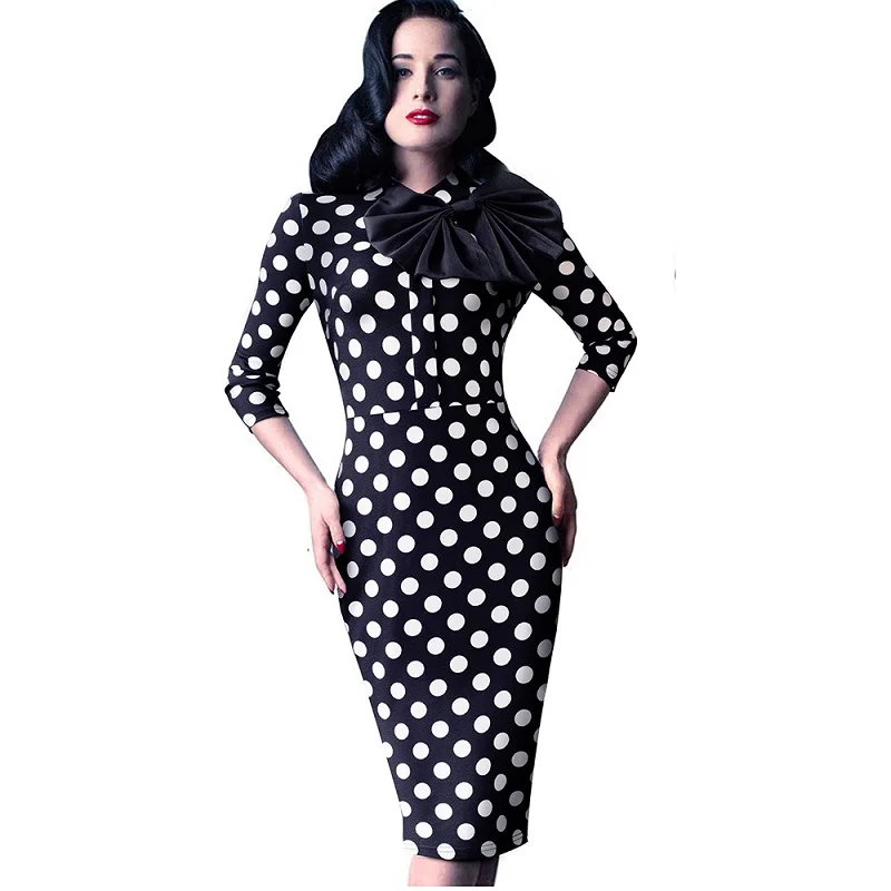 

Vintage bow polka dot printed formal dress women elegant 3/4 sleeve church dresses for women sukienka Lady slim bodycon frocks