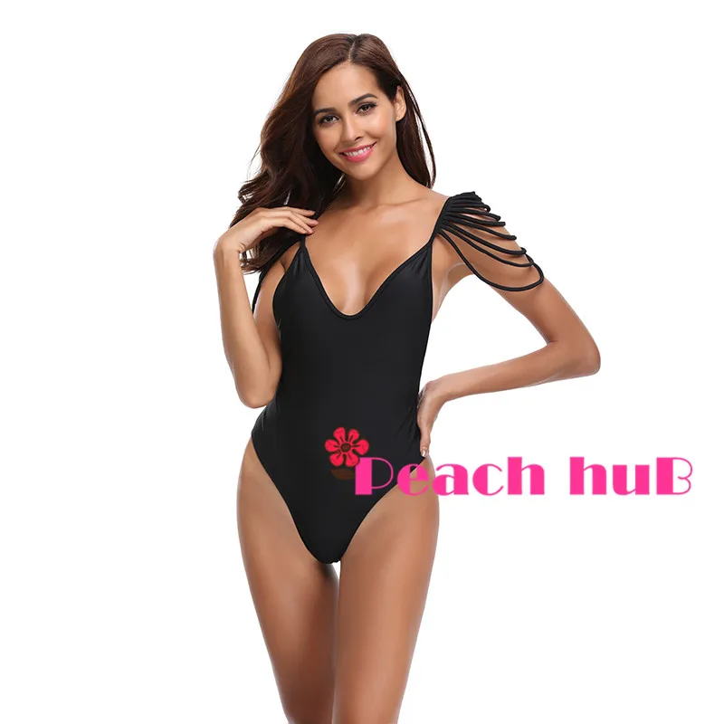 2019 Swimwear Whole Swimsuit Women One Piece Swimsuit Black Swimsuit Monokini Push Up Tassel Sleeve Swimwear Plus Size (7)