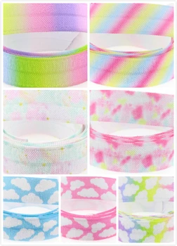 

5/8"16mm Gradient Color Cloud Patterns Printed Fold Over Elastic Ribbon DIY Gift Packing Stuffs Hair Tie Macking 50Yards/Roll