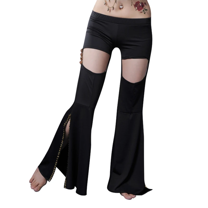 

Sexy New Tribal Belly Dance Pants Black Practice Pants Elastic Waist with Hole Inseparable High Waisted Flare Pants Women