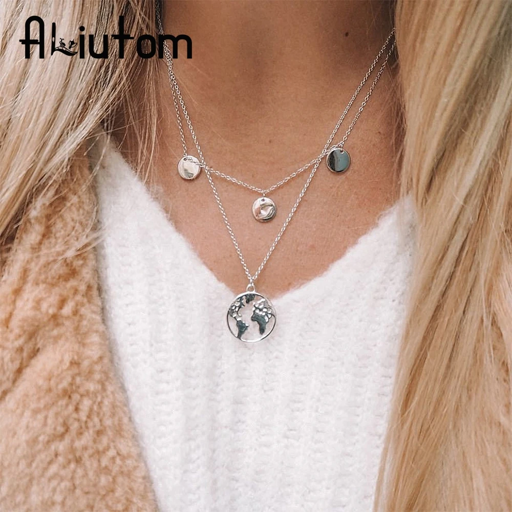 

ALIUTOM World Map Pendant Necklace for Women Silver Gold Metal Dainty Globe Earth Layered Necklace Globetrotter Collares