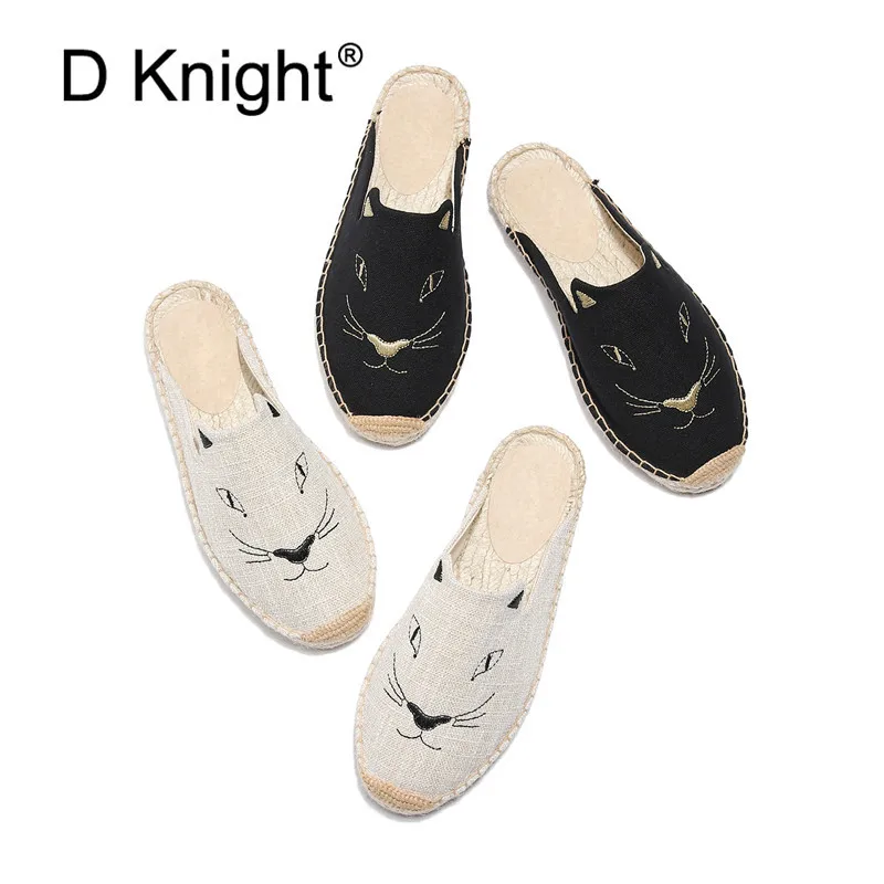 

2019 Summer New Female Embroidery Cats Sippers Round Toe Lady Flat Espadrilles Slide Fisherman Shoes Slip On Women Beach Sandals