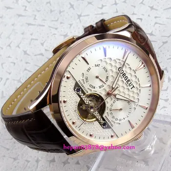 44mm Corgeut White dial Domed glass Golden hands&case week&date Multifunction Automatic movement men's watch P205
44mm Corgeut White dial Domed glass Golden hands&case week&date Multifunction Automatic movement men's watch P205