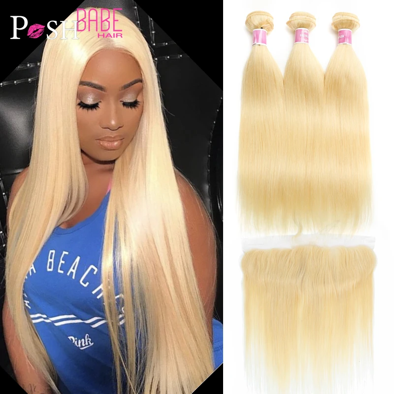 

Honey Blonde 613 Color Remy Brazilian Hair Weave Straight Human Hair 2/3/4 Bundle with 1PC 13x4 Lace Frontal Closure Ear to Ear