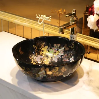 Chinese wash basin sink bathroom sink bowl countertop Ceramic wash basin bathroom sink bowl flower shape with butterfly pattern 
Chinese wash basin sink bathroom sink bowl countertop Ceramic wash basin bathroom sink bowl flower shape with butterfly pattern