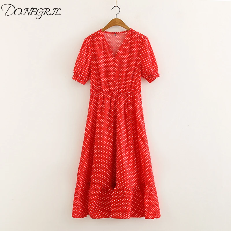 2019 spring and summer European and American women's new V-point red dot print short-sleeved dress
2019 spring and summer European and American women's new V-point red dot print short-sleeved dress