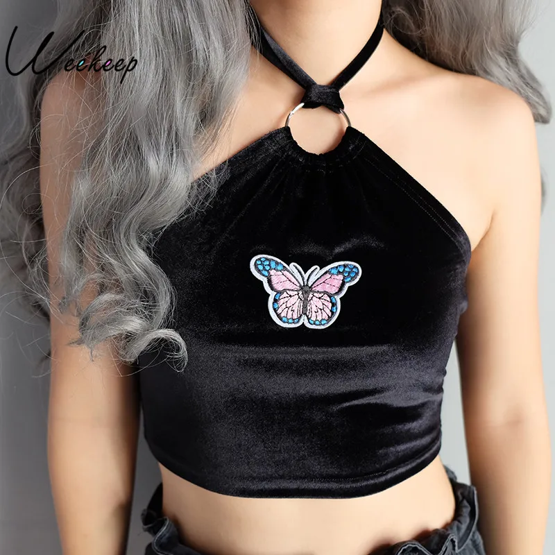 

Weekeep Women Sexy Halter Cropped Camisole Butterfly Applique Black Sleeveless Crop Top Feminino Bralette Fashion Summer Camis