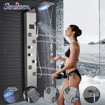 

Senlesen Bathroom Shower Douche LED Shower Head Brushed Nickel /ORB Shower Column Panel Wall Mount W/ Massage Jets Para Bar