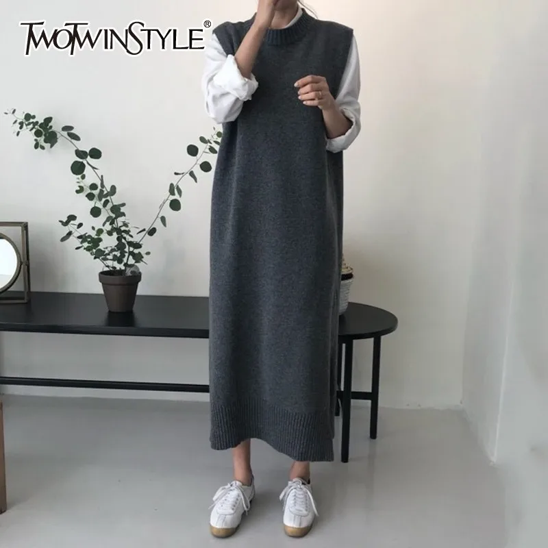 TWOTWINSTYLE Knitting Dresses For Women Loose Sleeveless Casual Fashion Korean Style Women's Dress Female Clothing Autumn 2019
TWOTWINSTYLE Knitting Dresses For Women Loose Sleeveless Casual Fashion Korean Style Women's Dress Female Clothing Autumn 2019