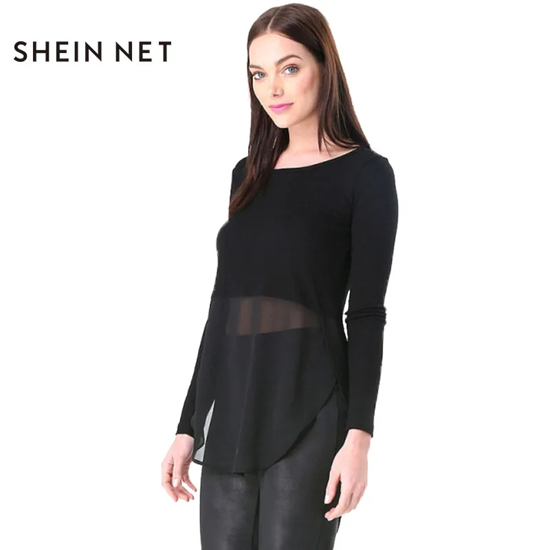 Image Sheinnet Women Fashion Sweater Solid Black Long Sleeve Shirt Waist Sheer Pullovers Knitted Top Street Style OL Crew Neck Sweater
