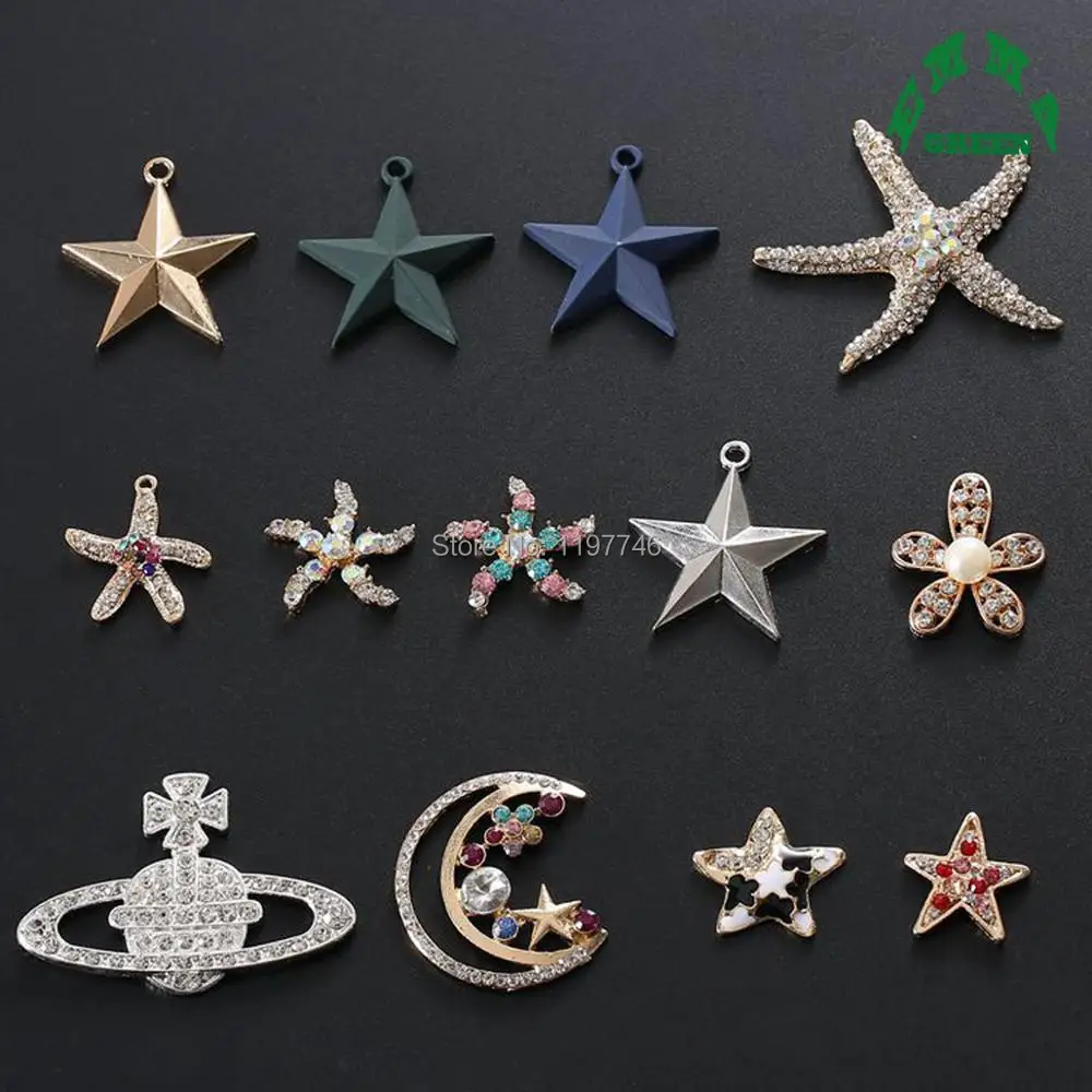 

Star Flower Moon Starfish Planet Satellite Pearl Rhinestone Buttons 10pcs Flatback for Wedding Hair Embellishment Accessories