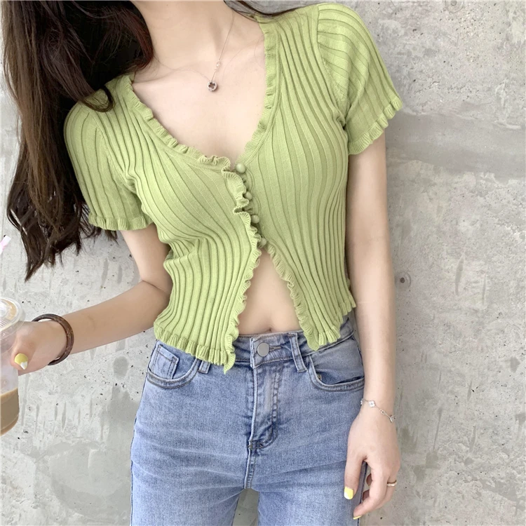 Korean casual style Slim fit Women's Clothing v-neck Low-cut t shirts knitted solid woman tops summer tees crop top fashion new
Korean casual style Slim fit Women's Clothing v-neck Low-cut t shirts knitted solid woman tops summer tees crop top fashion new