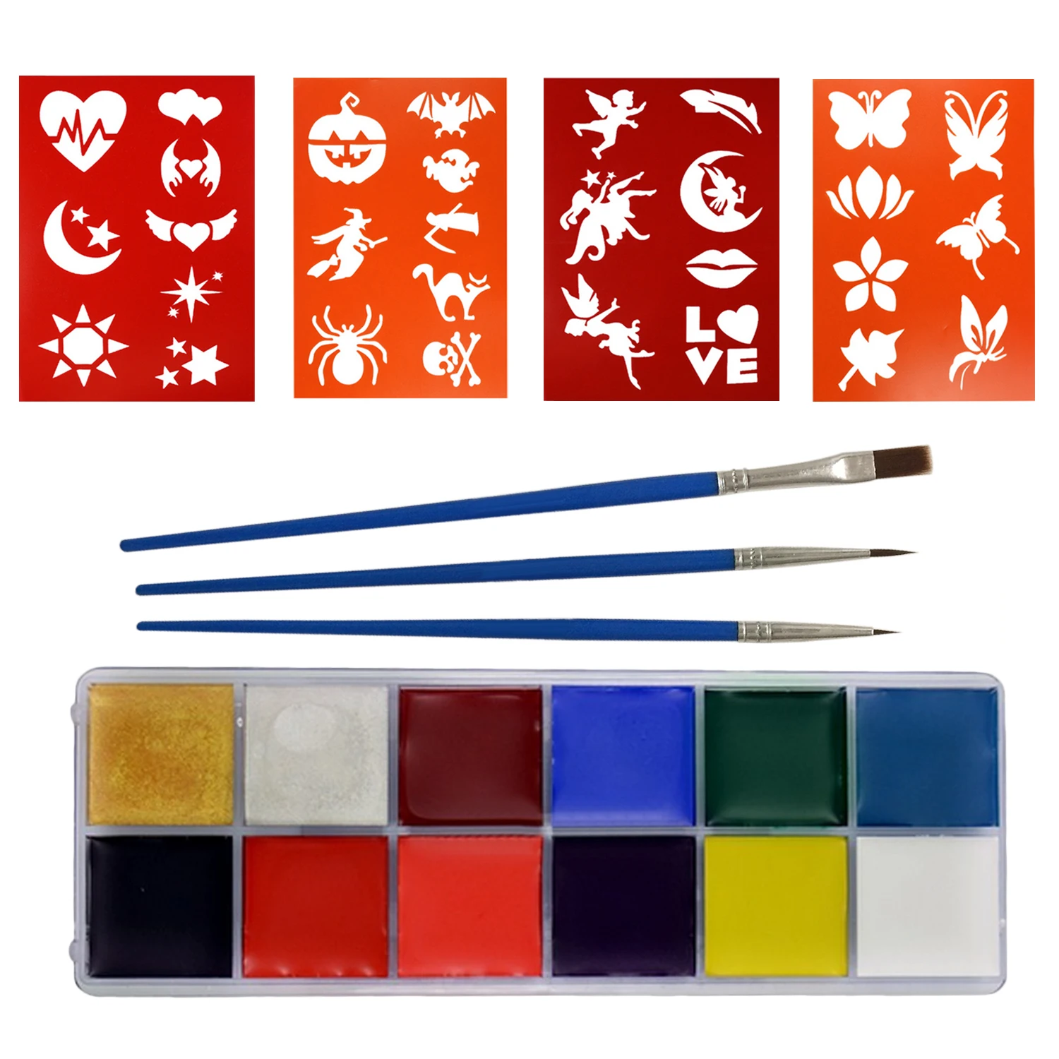 12Color Face Body Solid Paint Oil Painting Pigment with Paintbrush Painting Brushes Templates Stencils Toy for Party Halloween
12Color Face Body Solid Paint Oil Painting Pigment with Paintbrush Painting Brushes Templates Stencils Toy for Party Halloween