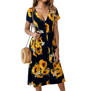 Boho Summer New Sunflower Dress Women Street Short Sleeve Pockets Knee-length Dress Beach Floral Print Dress A-line Party
Boho Summer New Sunflower Dress Women Street Short Sleeve Pockets Knee-length Dress Beach Floral Print Dress A-line Party