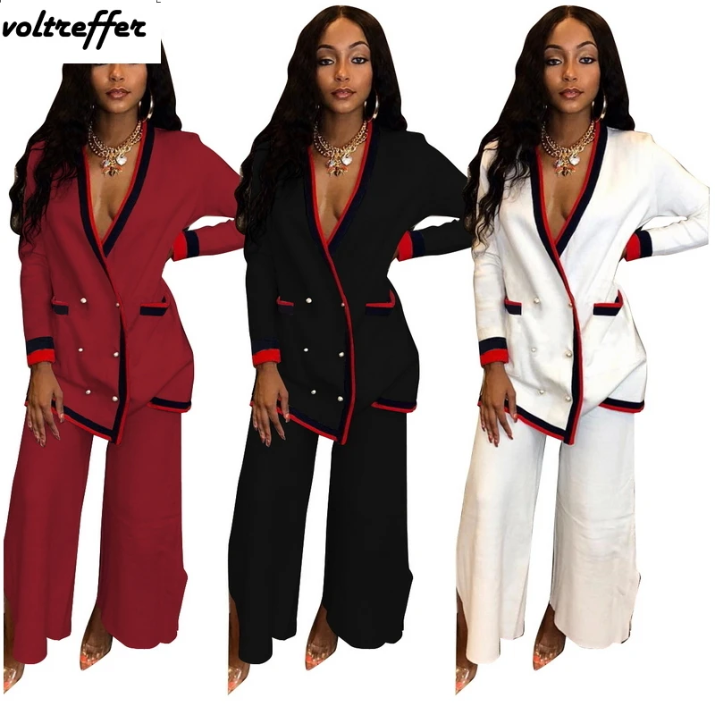 Фото 2019 New Striped Two Piece Set Loose Cardigan Button Pockets Wide Leg Palazzo Pants Sweat Suit Oversized Casual Outfits Matching | Женская