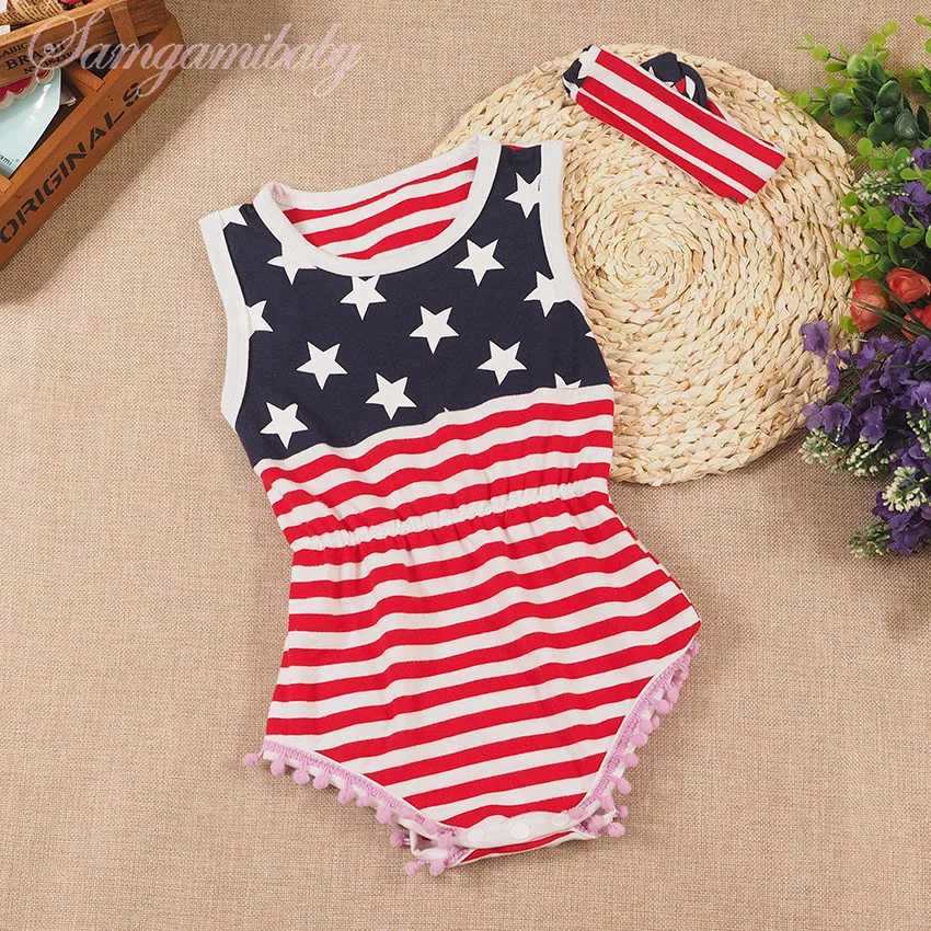 Ins Girls new fashion 4th of July Baby romper Patriotic's day strip cotton Pompom romper with matching headband AG19004
Ins Girls new fashion 4th of July Baby romper Patriotic's day strip cotton Pompom romper with matching headband AG19004