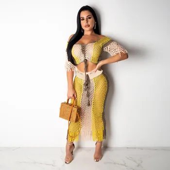 2019 Women Hollow Out Sexy Two Piece Set Slash Neck Short Sleeve Bodycon Crop Top And Skirts Beach Tassel 2 Pcs Outfit
2019 Women Hollow Out Sexy Two Piece Set Slash Neck Short Sleeve Bodycon Crop Top And Skirts Beach Tassel 2 Pcs Outfit