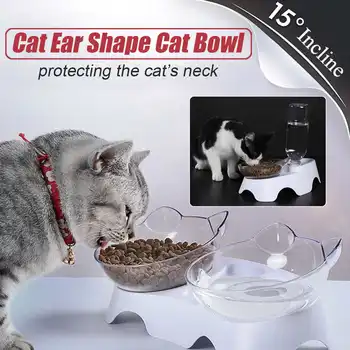 

Single/Double 15 Degrees Incline Oblique Cat Ears Cat Bowl Drinking Eating Feeder Adjustable Removable Pet Food Holder Clear
