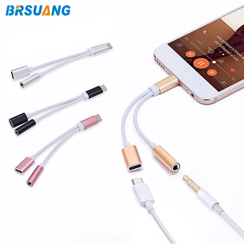 

100pcs/lot BRSUANG 2 in 1 Type-C to 3.5 mm Charger USB Type-C Adapter Earphone Audio Splitter For Samsung Huawei Xiaomi Sony Etc