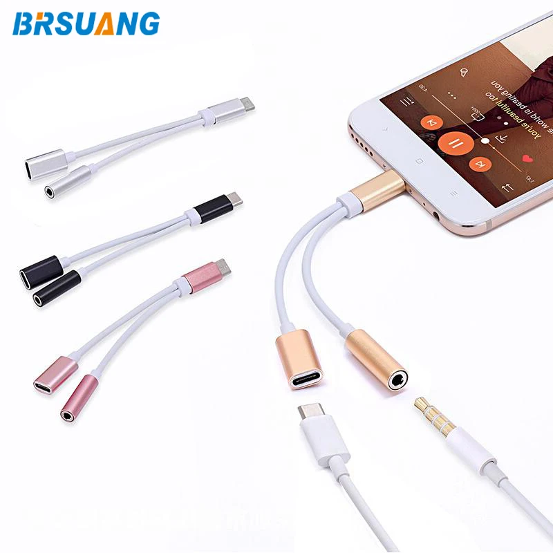 

50pcs/lot BRSUANG 2 in 1 Type-C to 3.5mm Charger Headphone Audio Jack USB-C Connector Adapter For Samsung Huawei Xiaomi Sony Etc