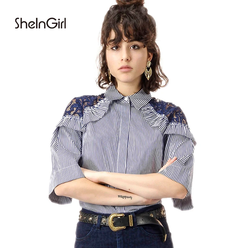 SHEINGIRL 2018 сладкий Академии ветер осенний полосатый цвет одежды кружева и на