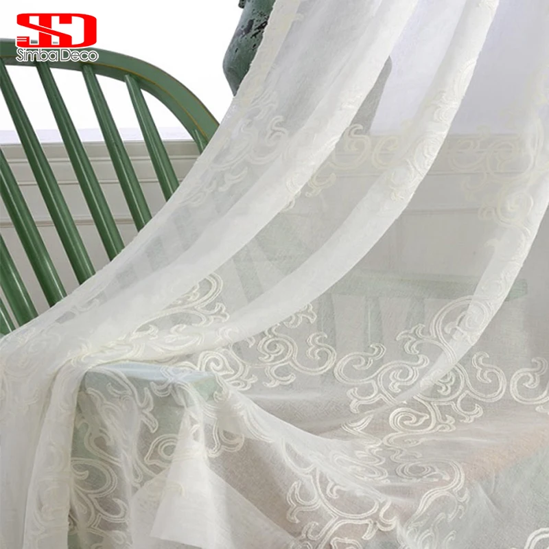 

Solid White Tulle Curtains For Living Room Embroidered Damask Drapes For Bedroom Window Veil Sheer Voile Liner European Panel