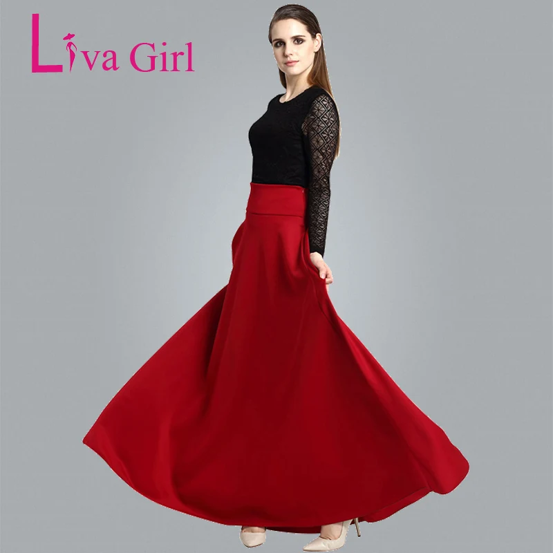

Liva Girl Winter Long Skirts High Waist Pleat Elegant Maxi Skirt Red Black Women Faldas Saia Plus Size Ladies Jupe XXL XXXL 4XL