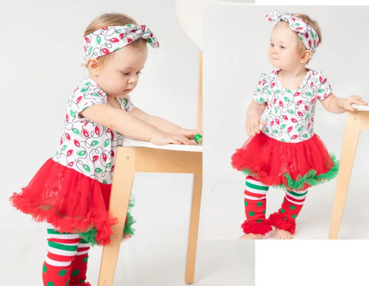 

Christmas outfit Baby Girl Rompers+leg warmers+headband Clothing set Princess Jumpsuit Lace dress Xmas Party Costumes Vestido