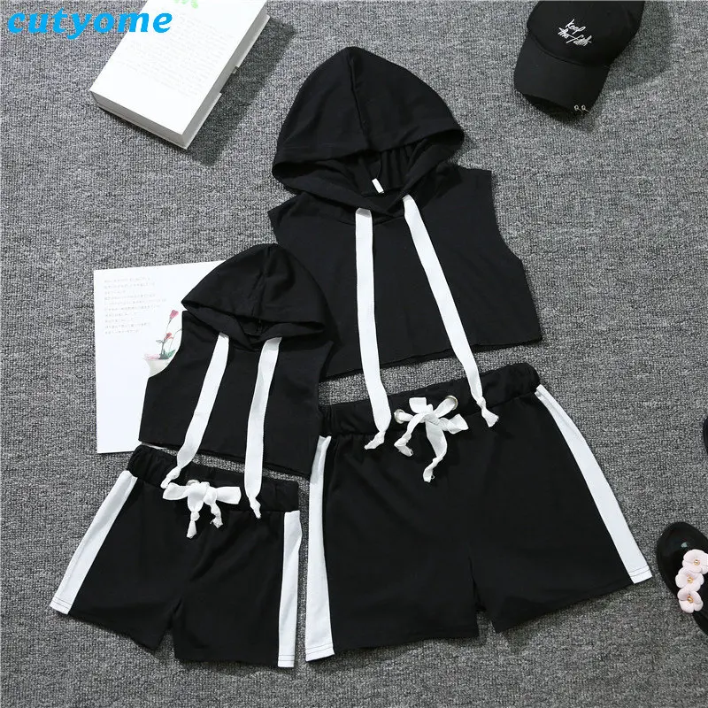 Mommy And Me Summer Sport Mathing Clothing Set Sleeveless Hooded tshirt+Cotton Skirt For Family Mother Daughter Clothes Outfits (25)