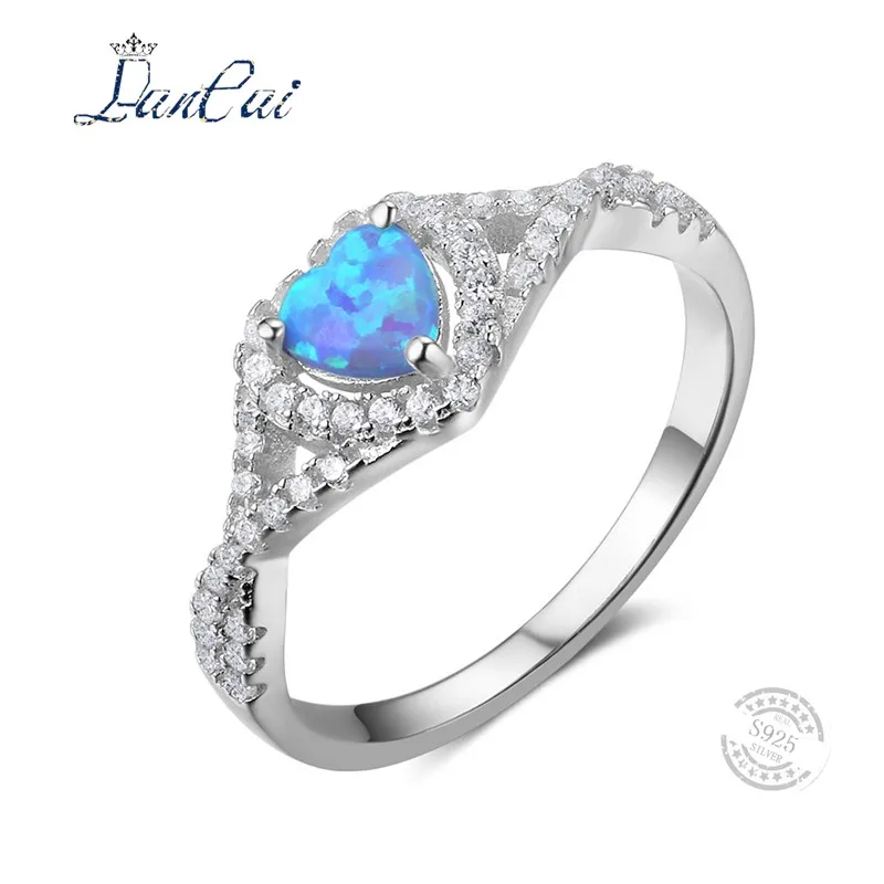 LANCAI 925 Sterling Silver Ring Heart Shape Blue Fire Opal Women Finger Inside Cubic Zirconia Engagement Jewelry Gift | Украшения и