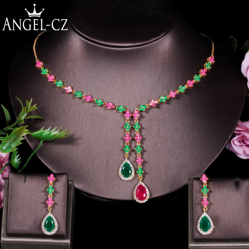 ANGELCZ Natural Red Green Stone Women Indian Gold Color Bridal Jewelry Cubic Zirconia Teardrop Long Necklace Earrings Sets AJ181
ANGELCZ Natural Red Green Stone Women Indian Gold Color Bridal Jewelry Cubic Zirconia Teardrop Long Necklace Earrings Sets AJ181