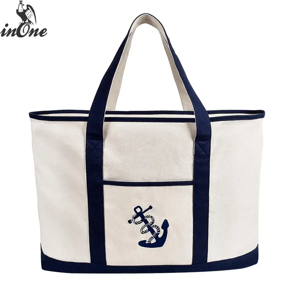 Фото INONE 22" Canvas Anchor Shopping Bags for Women 2019 Large Capacity Heavy Duty Deluxe Tote Grocery Beach Bag with Outer Pocket | Багаж и