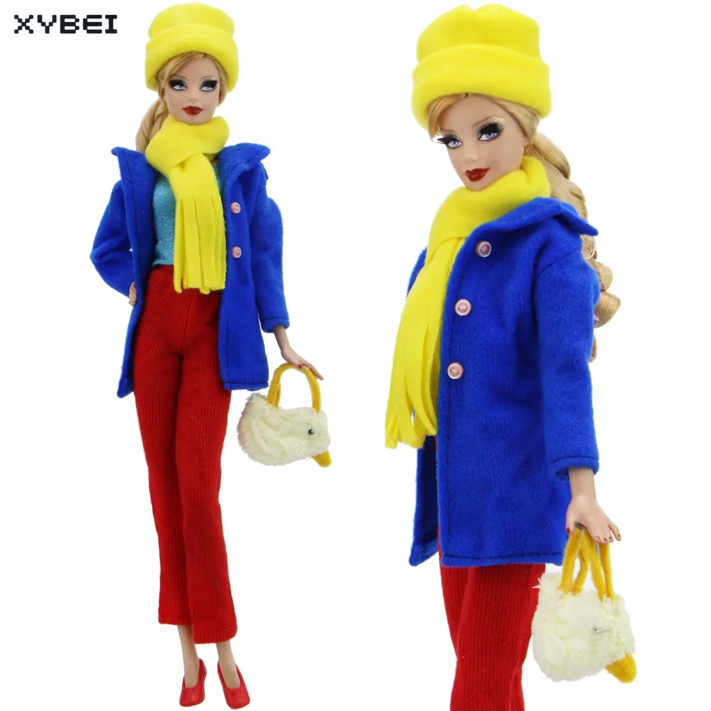 Handmade Colorful Outfit Winter Daily Wear Blue Coat Pants Trousers Cap Scarf Handbag Shoes Clothes For Barbie Doll Accessories | Игрушки и