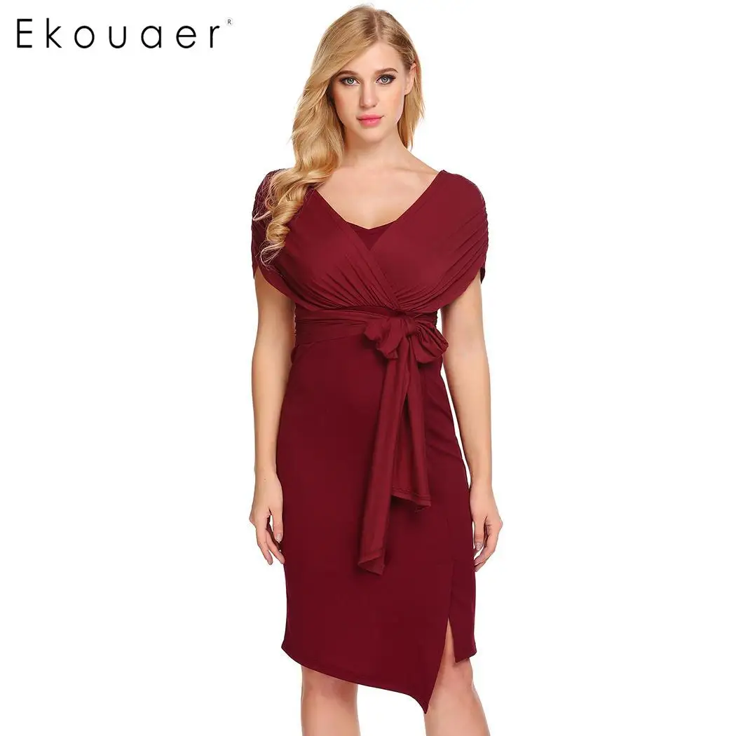 

Ekouaer Women Sexy V-Neck Dress Wrap Tie Up Split Hem Solid Slim Short Sleeve Knee Length Bodycon Dresses Party Office Dress