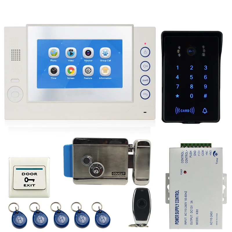 

JEX 7 inch LCD Video Door Phone Intercom system Kit 1 Voice/Video Record Monitor +700TVL Waterproof Password RFID Camera +E-lock