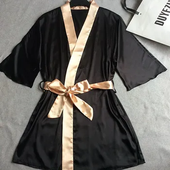 Women Silk Satin Short Night Solid Kimono Bath Robe Sexy