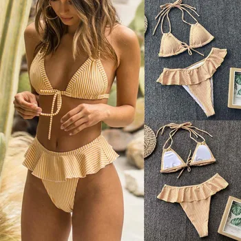#Z30 Women Sexy Bikini Ruffles Bikini Push Up Pad Swimwear Women Yellow Halter Swimsuit Bathing Suit Women Beachwear Bikini 2020