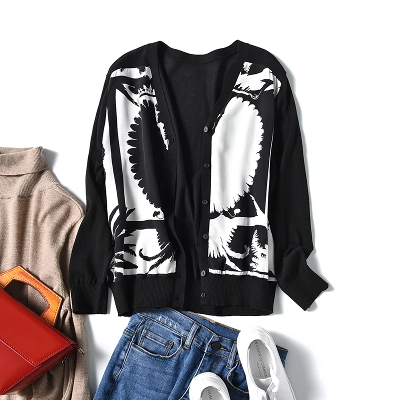 Blouse Women Cardigan 100% Silk Printed Patchwork Knit Design Three-quarter Sleeve 2 Colors Casual Clothing New Fashion 2019
Blouse Women Cardigan 100% Silk Printed Patchwork Knit Design Three-quarter Sleeve 2 Colors Casual Clothing New Fashion 2019