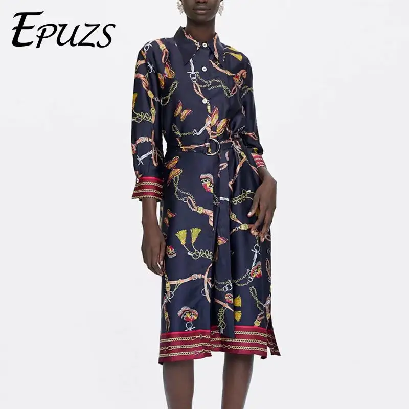 Vintage chains print midi dress women long sleeve summer boho dress sashes chic work shirt dress Korean vestidos 2019
Vintage chains print midi dress women long sleeve summer boho dress sashes chic work shirt dress Korean vestidos 2019
