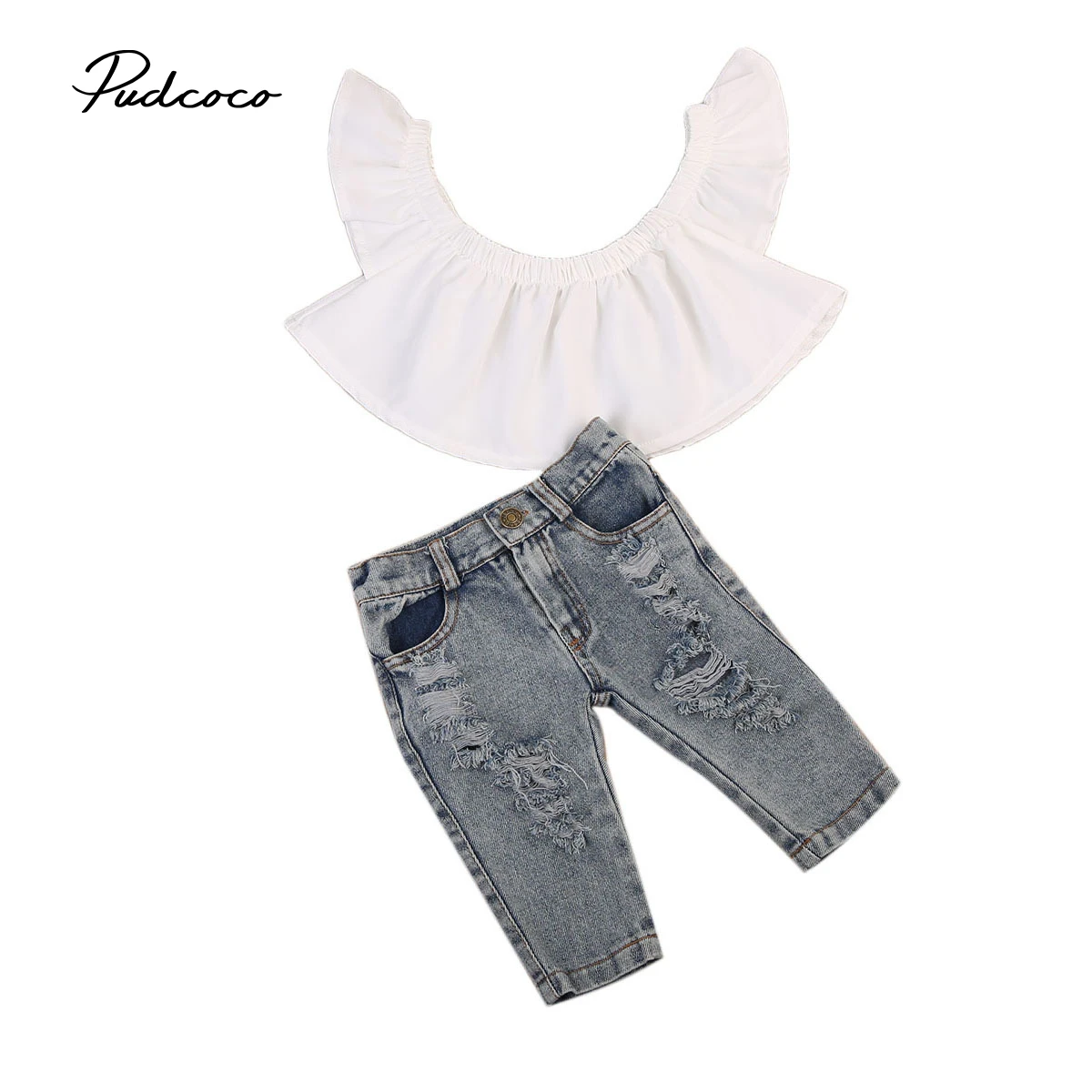 2017 Brand New Toddler Infant Kids Baby Girls Flutter Off Shoulder Tops Holes Denim Pants 2Pcs Outfits Fashion Clothes 6M-4T
2017 Brand New Toddler Infant Kids Baby Girls Flutter Off Shoulder Tops Holes Denim Pants 2Pcs Outfits Fashion Clothes 6M-4T