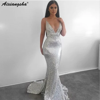 Mermaid Spaghetti Straps V-Neckline Backless Sweep Train Silver robe de soiree Sequined Prom Dress Sexy Evening Gown 2018
Mermaid Spaghetti Straps V-Neckline Backless Sweep Train Silver robe de soiree Sequined Prom Dress Sexy Evening Gown 2018