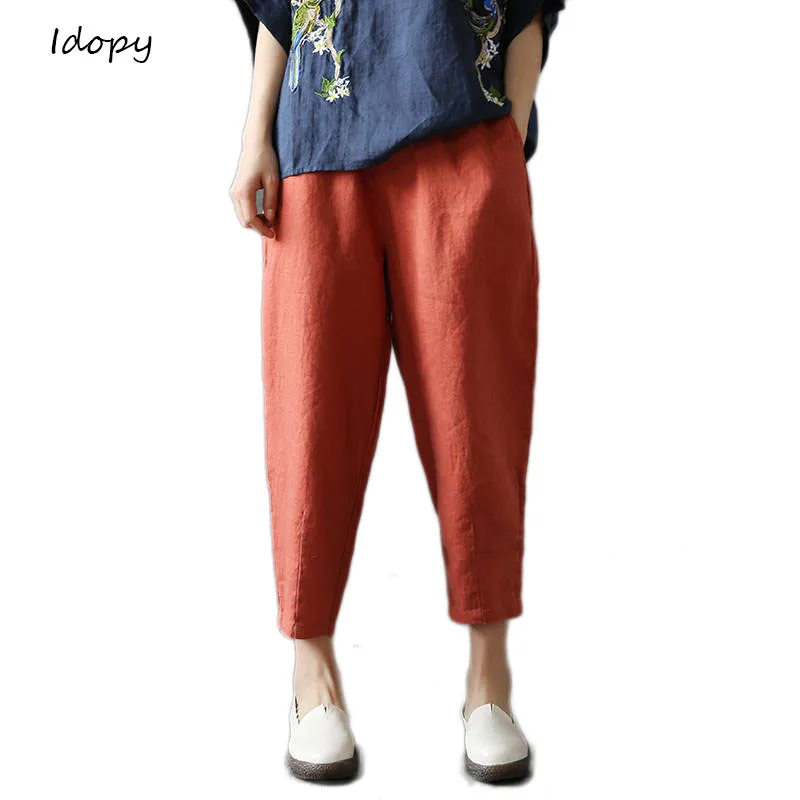 Брюки Idopy женские льняные прямые свободные штаны в китайском стиле с широкими