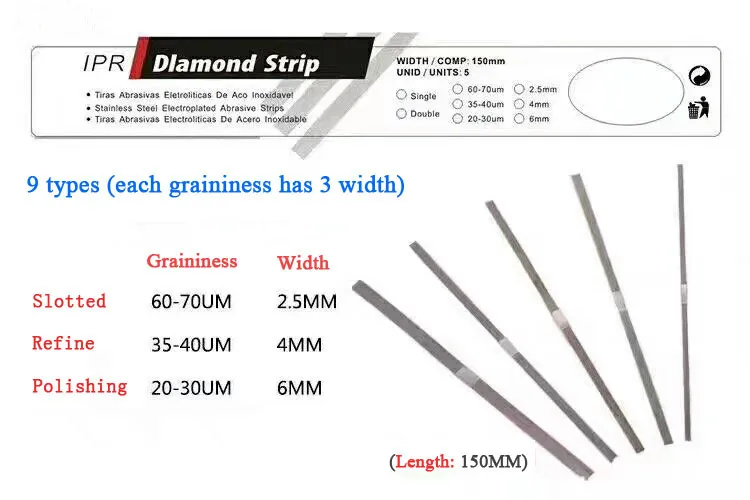 

5pcs/box Dental refine 35-40um and polished 20-30um Orthodontic IPR Diamond Strips 2.5MM,4 MM, 6MM Med Grit (Single Side)