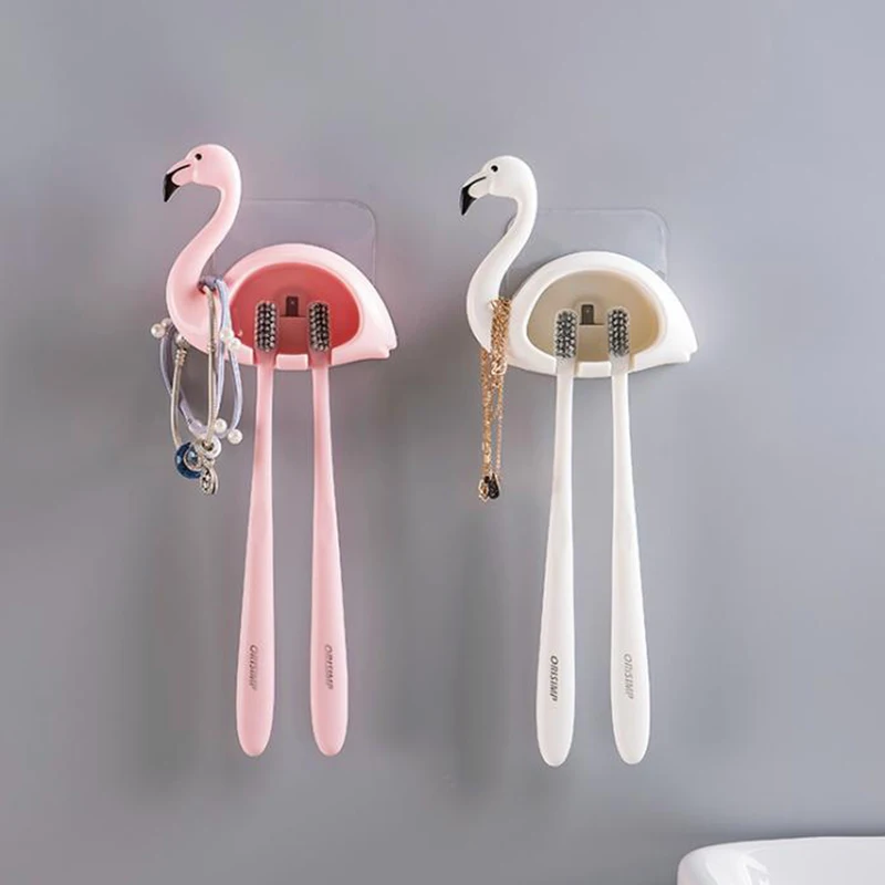 

1PC Toothbrush Holder Storage Rack 2 Position Suction Hooks Wall Mounted Bathroom Accessories Flamingo Shaped Stand Sucker