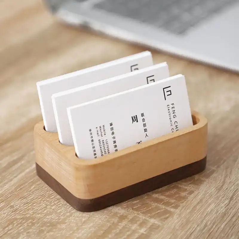 Creative Wooden Business Card Holder Desk Display Stand Organizer